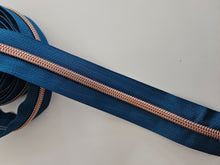 Load image into Gallery viewer, Blue Teal Zipper Tape with Rose Gold Teeth - No. 5