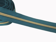 Load image into Gallery viewer, Teal Green Zipper Tape with Light Gold Teeth - No. 5