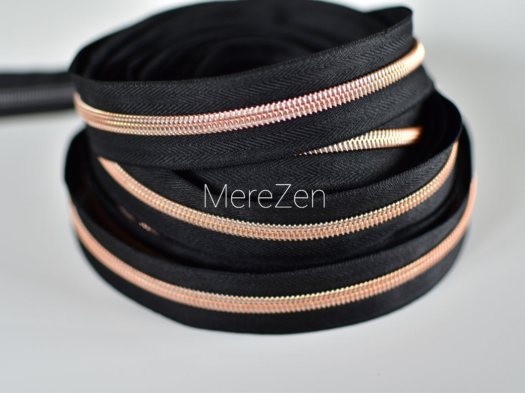 Black Zipper Tape with Rose Gold Teeth - No. 5