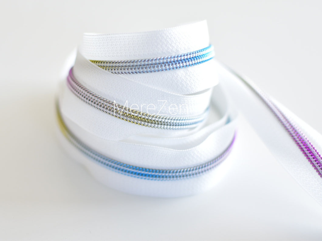 White Zipper Tape with Light Rainbow Teeth - No. 5