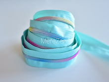 Load image into Gallery viewer, Light Teal Zipper Tape with Light Rainbow Teeth - No. 5