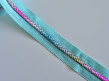 Load image into Gallery viewer, Light Teal Zipper Tape with Light Rainbow Teeth - No. 5
