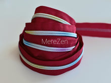 Load image into Gallery viewer, Red Zipper Tape with Light Rainbow Teeth - No. 5