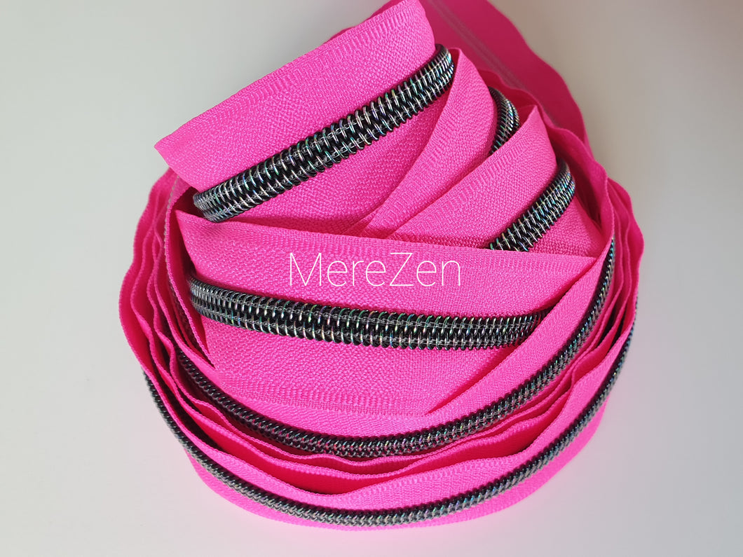 Hot Pink Zipper Tape with Iridescent Teeth - No. 5