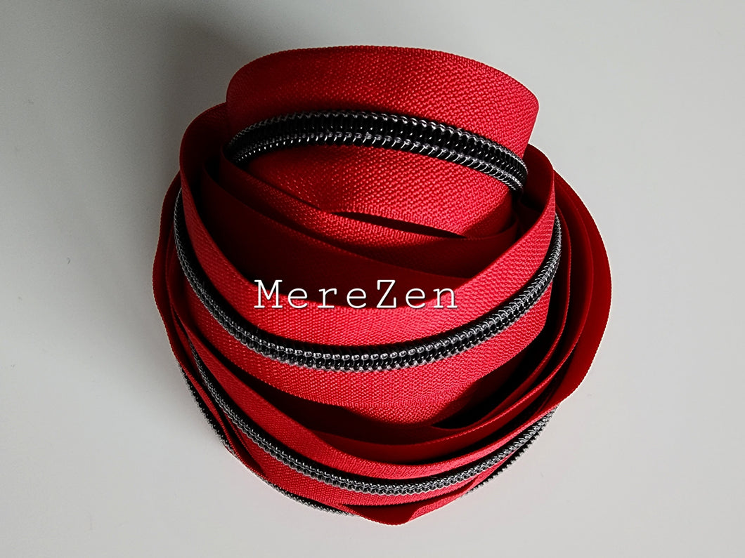 Red Zipper Tape with Matte Black Teeth - No. 5
