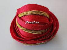 Load image into Gallery viewer, Crimson Red Zipper Tape with Bright Gold Teeth - No. 5