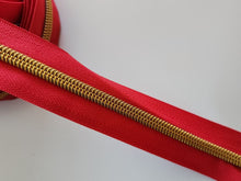 Load image into Gallery viewer, Crimson Red Zipper Tape with Bright Gold Teeth - No. 5
