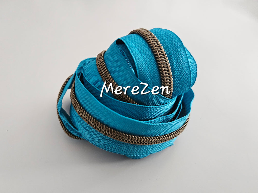 Aqua Blue Zipper Tape with Antique Bronze teeth - No. 5