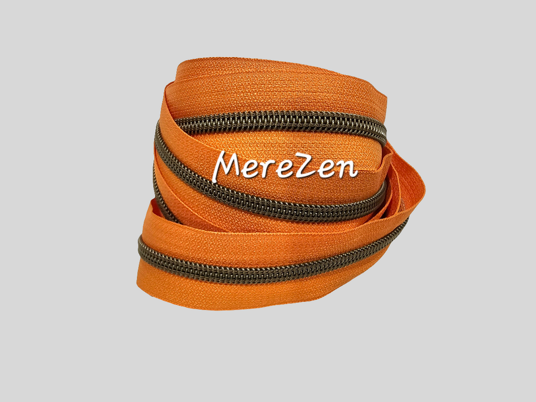 Orange Zipper Tape with Antique Bronze Teeth - No.5