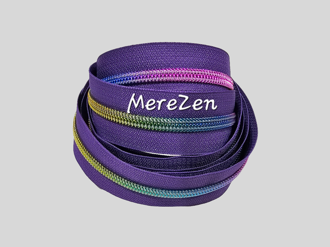 Purple Zipper Tape with Rainbow Teeth - No. 5