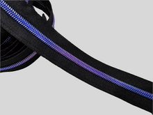 Load image into Gallery viewer, Black Zipper Tape with Metallic Blue &amp; Purple Teeth - No. 5
