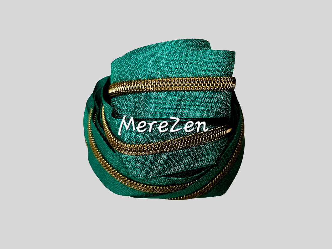 Dark Ocean Green Zipper Tape with Antique Bronze teeth - No. 5