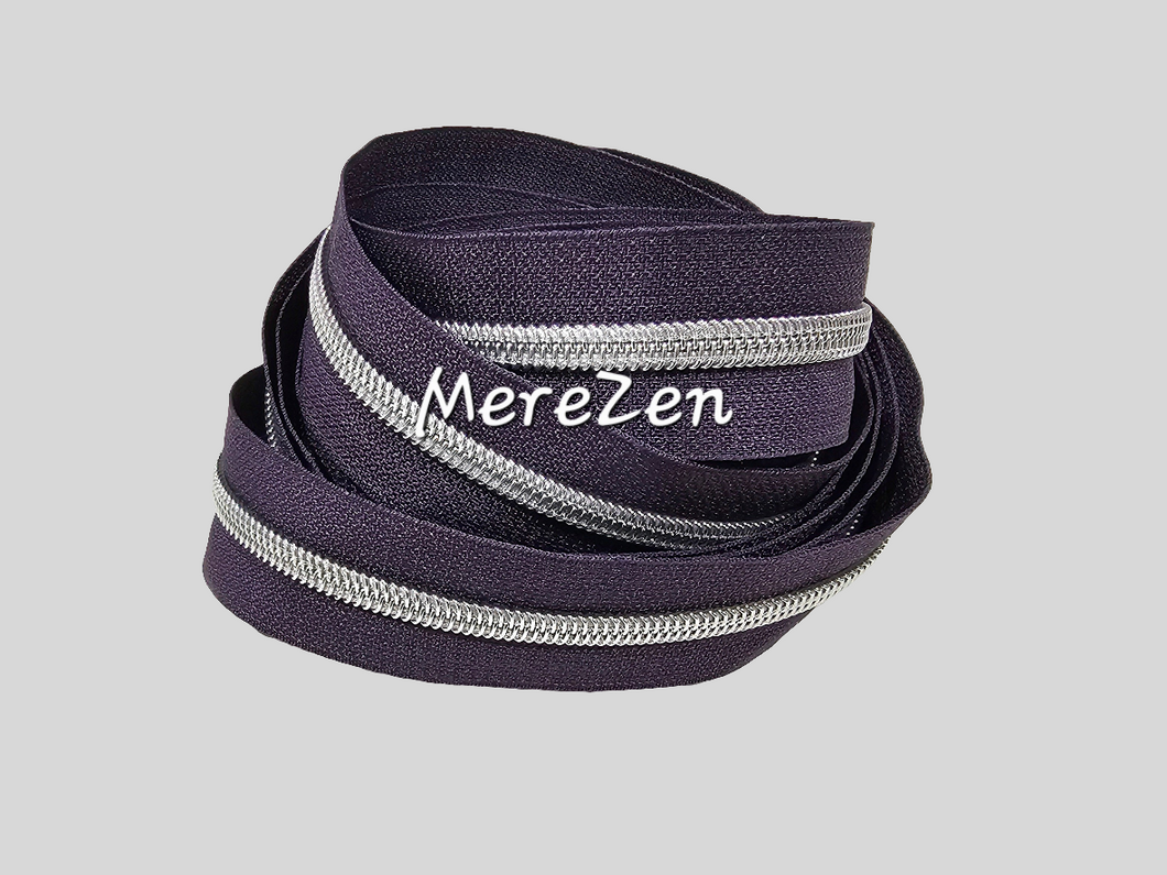 Purple Grey Zipper Tape with Silver teeth - No. 5
