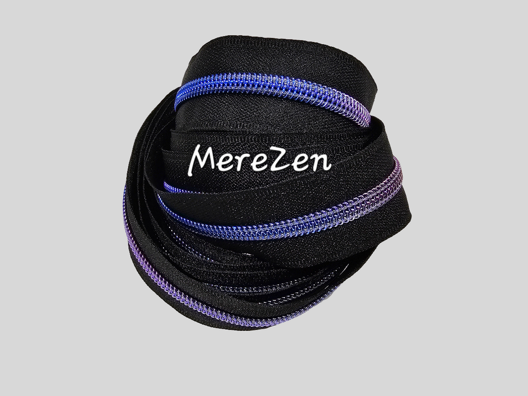 Black Zipper Tape with Metallic Blue & Purple Teeth - No. 5