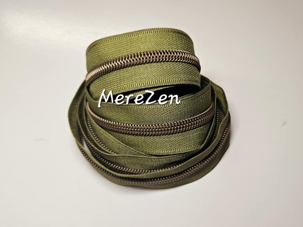 Olive Zipper Tape with Antique Bronze teeth - No. 5