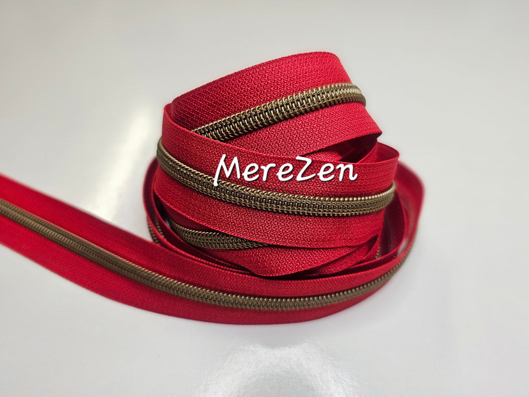 Red Zipper Tape with Antique Bronze teeth - No. 5