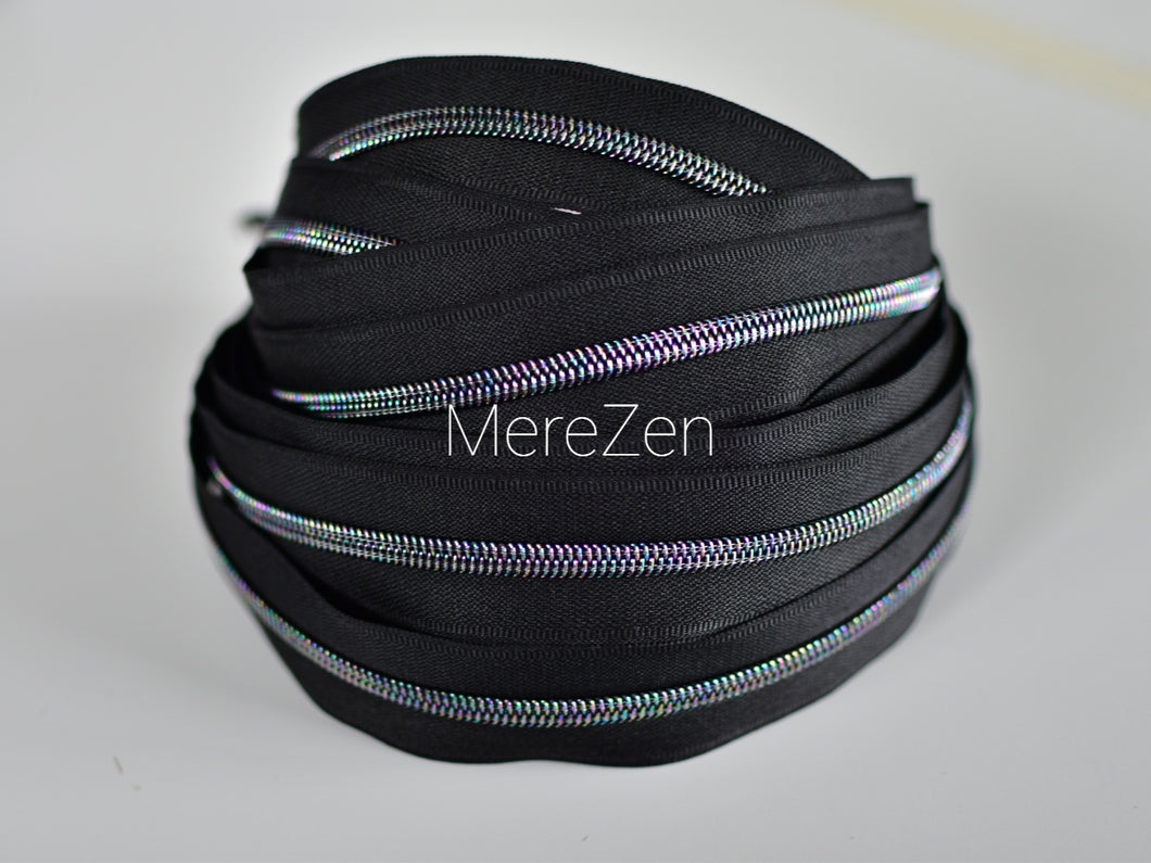 Black Zipper Tape with Iridescent Teeth - No. 5