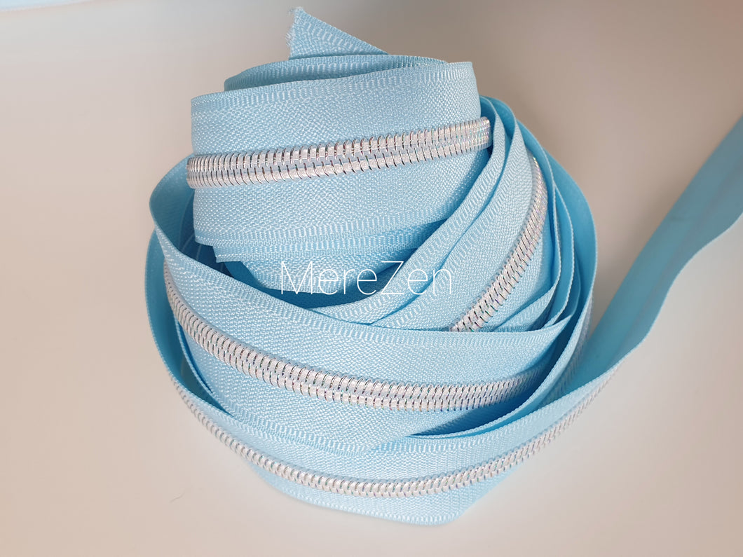 Baby Blue Zipper Tape with White Iridescent Teeth - No. 5