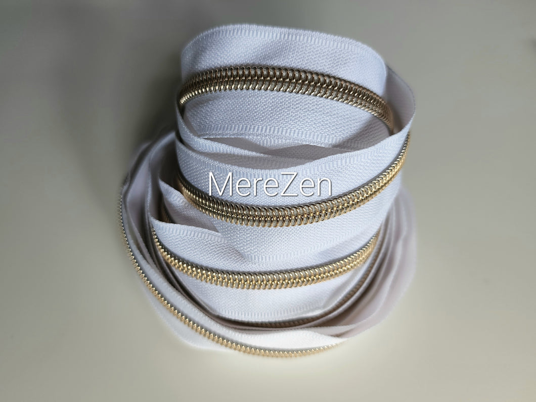 White Zipper Tape with Light Gold teeth - No. 5